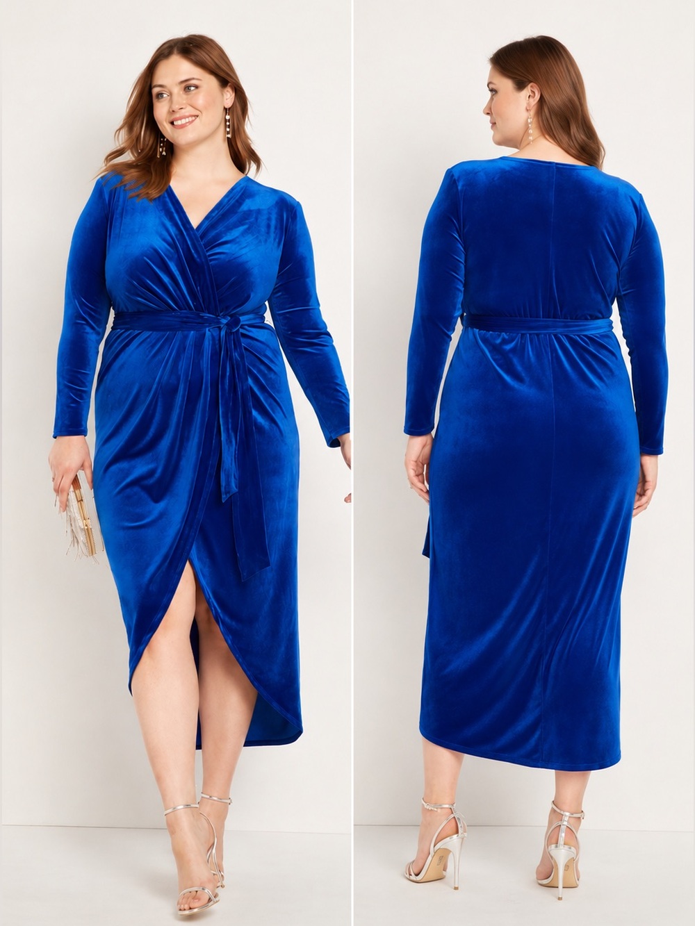 ELOQUII Size 16 Cobalt Blue Velvet Wrap Belted Dress HI-LOW LONG SLEEVE V-NECK